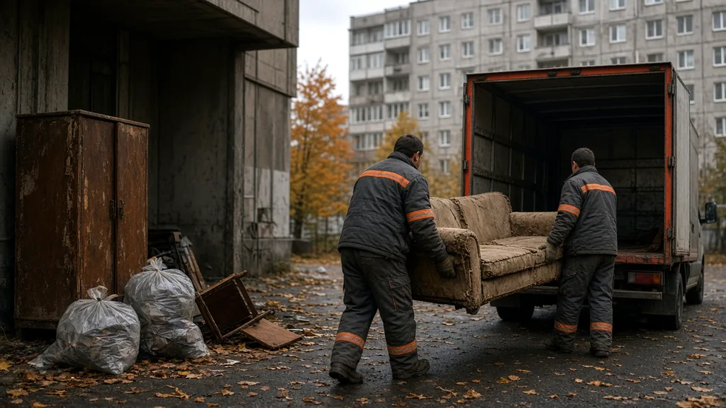 Грузчики загружают старый диван в грузовик
